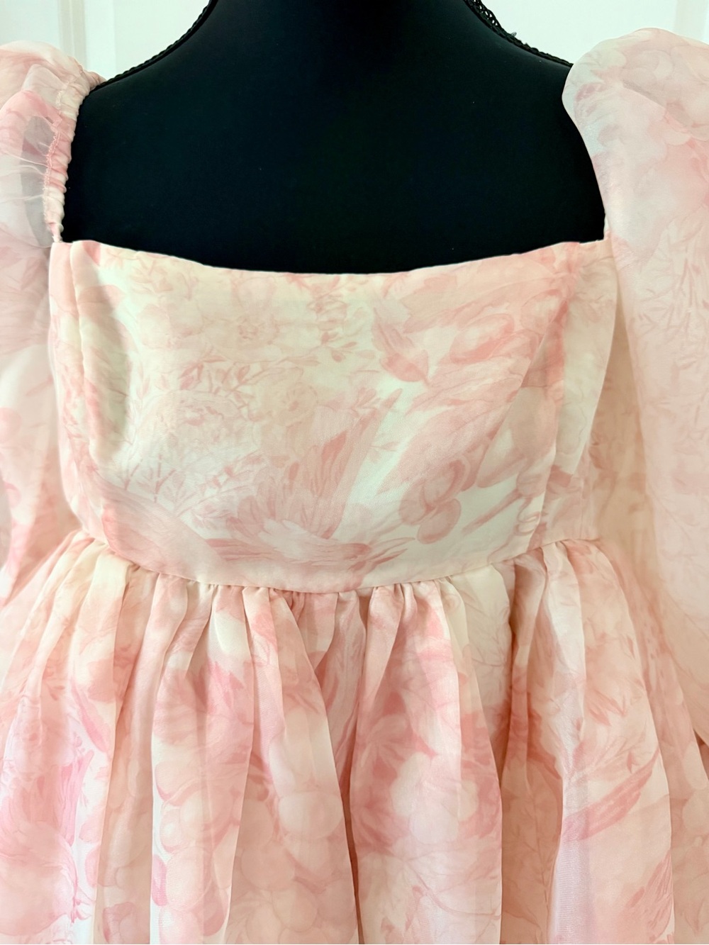Selkie Pink Floral Organza Puff Sleeve Mini Dress —Cottagecore Fairy Party Dress - Picture 2 of 5